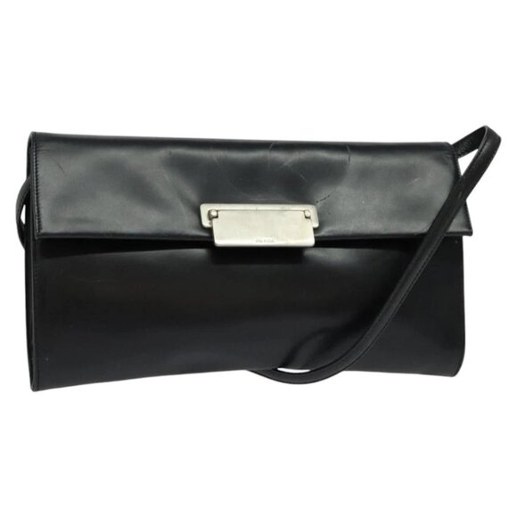 PRADA Shoulder Bag Leather Black Silver - Picture 1 of 14